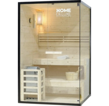 Sauna mit Bänken, Ofen, Lampe und Glasfront