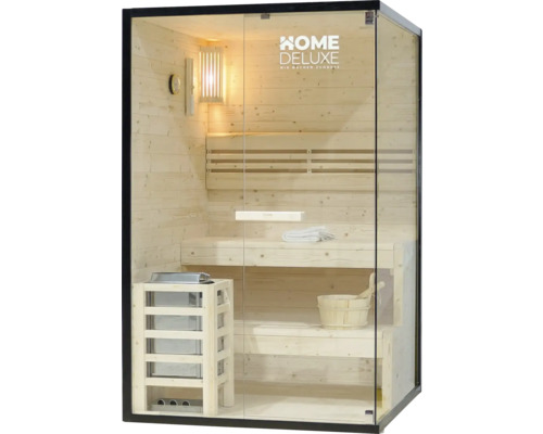 Sauna mit Bänken, Ofen, Lampe und Glasfront