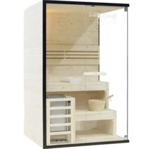 Holzsauna mit Glasfront und Inneneinrichtung