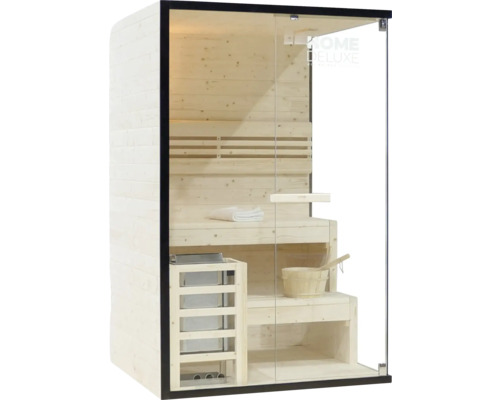 Holzsauna mit Glasfront und Inneneinrichtung