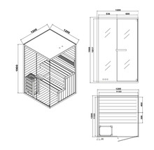 Technische Zeichnung einer Sauna mit Maßangaben