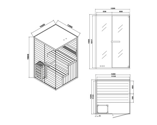 Technische Zeichnung einer Sauna mit Maßangaben