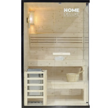 Holzsauna mit Glasfront, Bänken, Ofen und Lampe