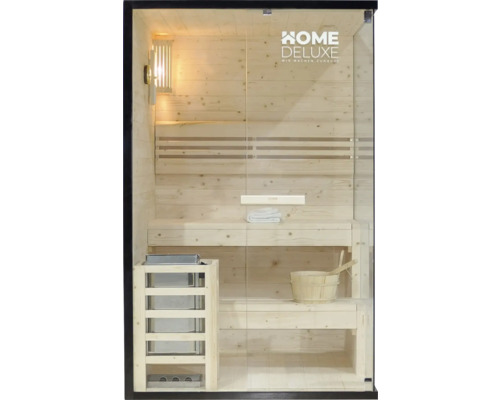 Holzsauna mit Glasfront, Bänken, Ofen und Lampe