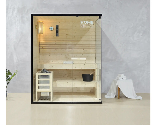 Massivholzsauna Home Deluxe Shadow L schwarz inkl. 4,5 kW u.integr.Steuerung mit großer Ganzglasfensterfront Innensauna mit Holzbänken, Saunaofen, Kübel und Glaselementen