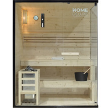 Holzsauna mit Saunaofen, Aufgusseimer, Kelle, Sanduhr, Thermometer und Hygrometer