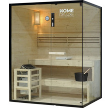 Sauna mit Holzbänken, Saunaofen und Glasfront