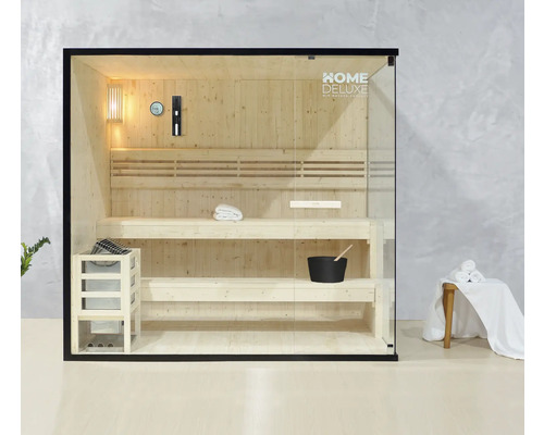 Massivholzsauna Home Deluxe Shadow XL schwarz inkl. 8 kW u.integr. Steuerung mit großer Ganzglasfensterfront Sauna mit Holzbänken, Saunaofen, Lampe und Glasfront