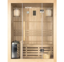 Innenansicht einer Holzsauna mit Glasfront, Ofen, Bänken und Zubehör