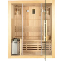 Innenansicht einer Sauna mit Holzbänken und Glastür