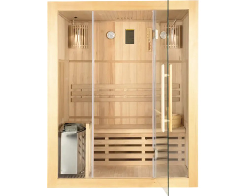 Innenansicht einer Sauna mit Holzbänken und Glastür