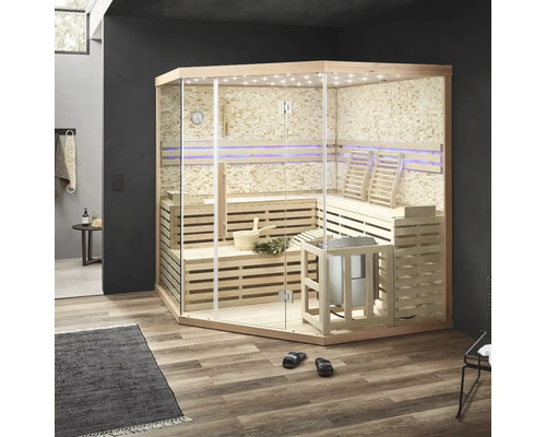 Massivholzsauna Home Deluxe Skyline XL Big inkl. 8 kW u.integr. Steuerung mit großer Ganzglasfensterfront und Kunststeinwand Moderne Sauna mit Glasfront, Holzbänken und Saunaofen im Innenraum