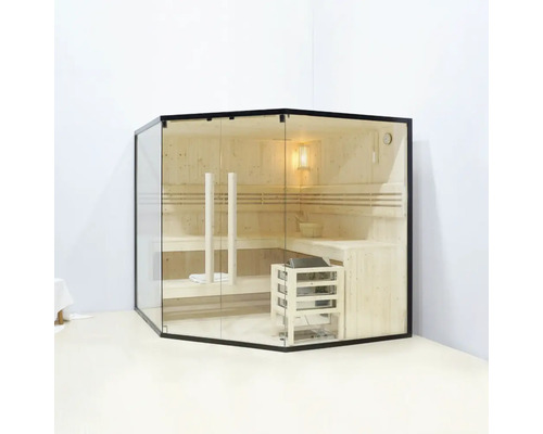 Ecksauna mit Glasfront und Holzverkleidung für entspannende Wellnessmomente