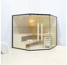 Ecksauna mit Glastür und Inneneinrichtung aus Holz