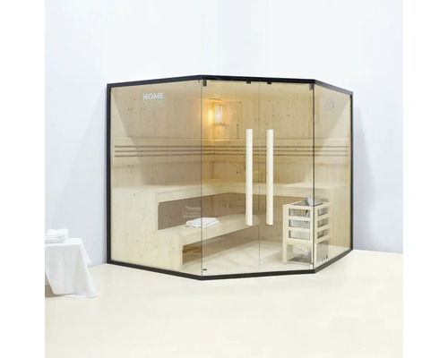 Ecksauna mit Glastür und Inneneinrichtung aus Holz