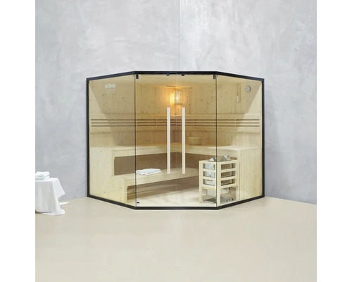 Massivholzsauna Home Deluxe Shadow XL Big schwarz inkl. 8 kW u.integr. Steuerung mit großer Ganzglasfensterfront Ecksauna mit Glasfront und Holzeinrichtung für den Innenbereich