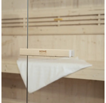 Saunainnenraum mit Holztürgriff und Home Deluxe Logo