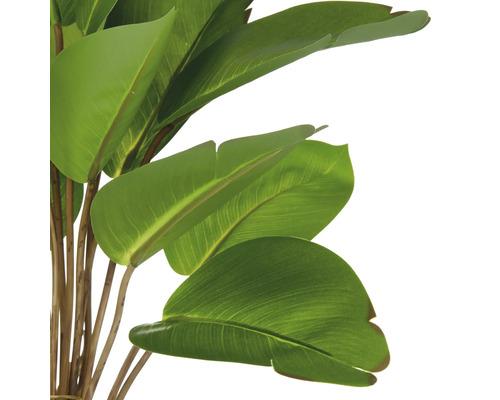 Nahaufnahme einer künstlichen Strelitzie mit grünen Blättern und braunen Stängeln.