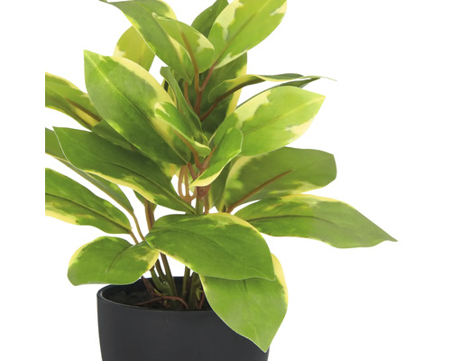 Kunstpflanze in schwarzem Topf mit grünen Blättern