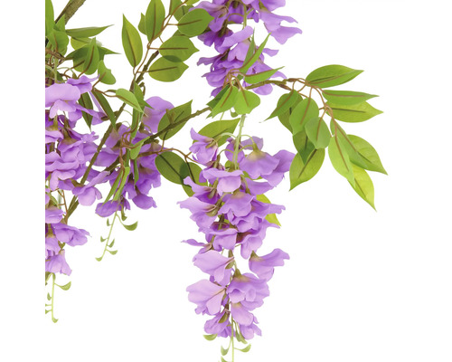 Dekorative künstliche Glyzinien mit Blüten und Blättern.