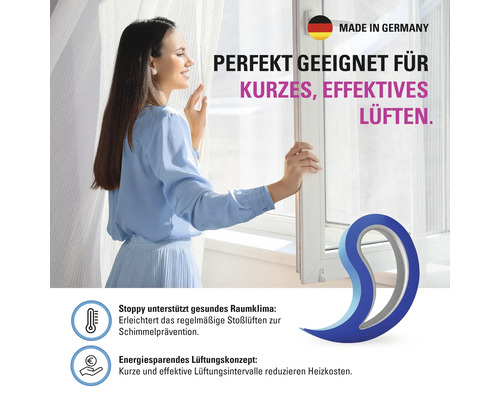 Frau öffnet Fenster zum Lüften, Made in Germany Siegel