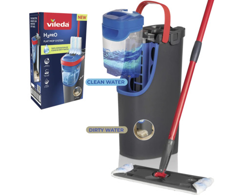 Vileda H2PRO Flachwischsystem bestehend aus Eimer mit zwei getrennten Wasserkammern für sauberes und schmutziges Wasser sowie einem Flachwischer.