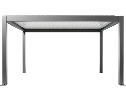 Freistehende graue Pergola mit Lamellendach.