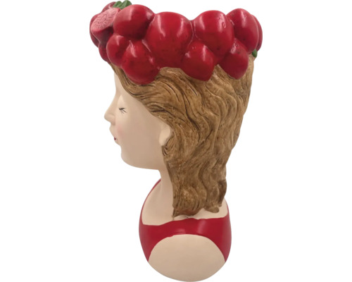 Blumentopf in Form eines Frauenkopfes mit Erdbeeren als Haarschmuck