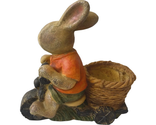 Dekorative Hasenfigur auf Motorrad mit Korb für den Garten
