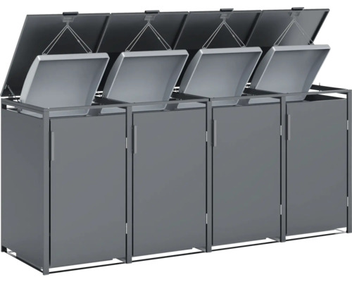 Vier Mülltonnenboxen mit Deckel aus Metall