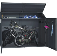 Offener Fahrradschuppen mit Fahrrädern und Zubehör