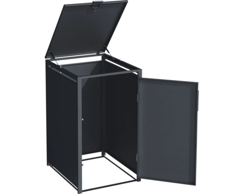 Mülltonnenbox mit geöffnetem Deckel und Tür