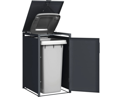 Mülltonnenbox mit offenem Deckel und Tür mit Mülltonne