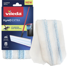 Vileda H2PRO EXTRA Flachmopp-Ersatzbezug aus Mikrofaser mit blauen Streifen zur Entfernung von hartnäckigem Schmutz.