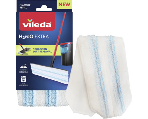 Vileda H2PRO EXTRA Flachmopp-Ersatzbezug aus Mikrofaser mit blauen Streifen zur Entfernung von hartnäckigem Schmutz.