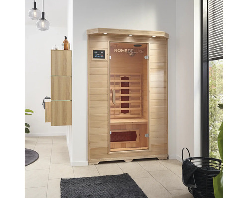 Infrarotkabine Home Deluxe Resdsun M Vollspektrum 120x105x190 cm Holz Sauna mit Glastür und Steuerungselementen im Badezimmer