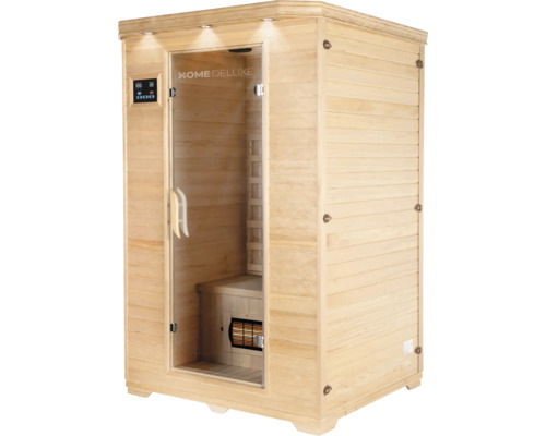 Holzsauna mit Glastür und digitalem Bedienfeld