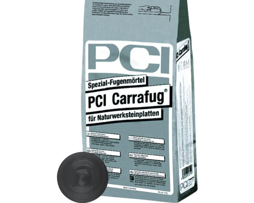 PCI Carrafug® Spezial Fugenmörtel für Naturwerksteinplatten anthrazit 5 kg PCI Carrafug Spezial-Fugenmörtel für Naturwerksteinplatten Verpackung mit Fugenmörtelprobe