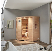Ecksauna aus Holz mit Glastür in Badezimmer