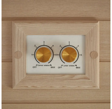 Nahaufnahme der Bedienelemente einer Sauna zur Einstellung der Intensität für Hals- und Lendenwirbelbereich