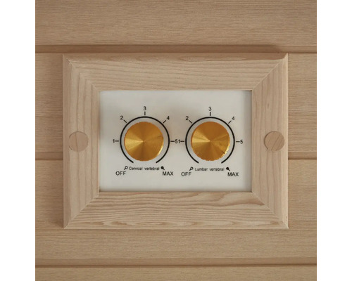 Nahaufnahme der Bedienelemente einer Sauna zur Einstellung der Intensität für Hals- und Lendenwirbelbereich