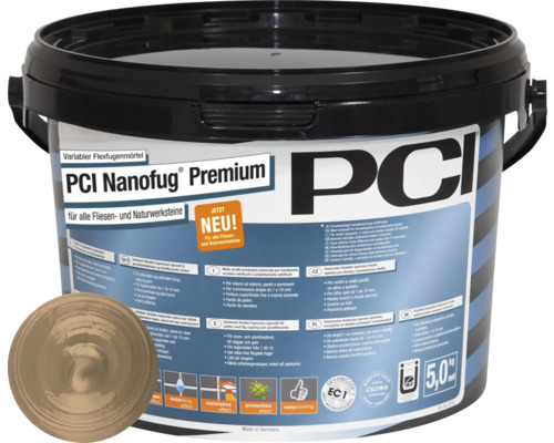PCI Nanofug® Premium Variabler Flexfugenmörtel für alle Fliesen und Natursteine caramel 5 kg PCI Nanofug Premium flexibler Fugenmörtel für Fliesen und Natursteine im Eimer mit Fliesenfugenmasse