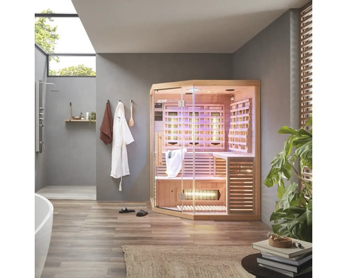 Infrarotkabine Home Deluxe Sahara XXL Vollspektrum 150x150x200 cm Badezimmer mit Sauna, Dusche, Badewanne und Handtüchern