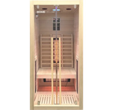 Innenansicht einer Infrarotsauna von Home Deluxe mit Holzbänken und Heizelementen.