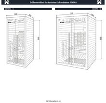 Größenvergleich der Infrarotkabinen SONORA S und M mit Maßangaben