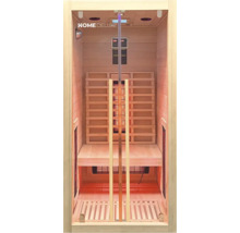 Innenansicht einer Infrarotsauna mit Holzverkleidung, Sitzen und digitaler Steuerung