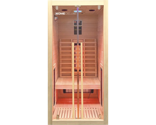 Innenansicht einer Infrarotsauna mit Holzverkleidung, Sitzen und digitaler Steuerung