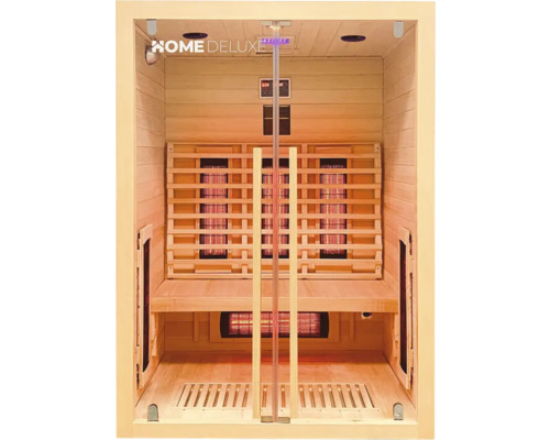 Innenansicht einer Holzsauna mit Sitzbank und Heizstrahlern