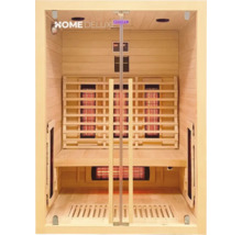 Innenansicht einer Infrarotsauna mit Holzbänken und Strahlern