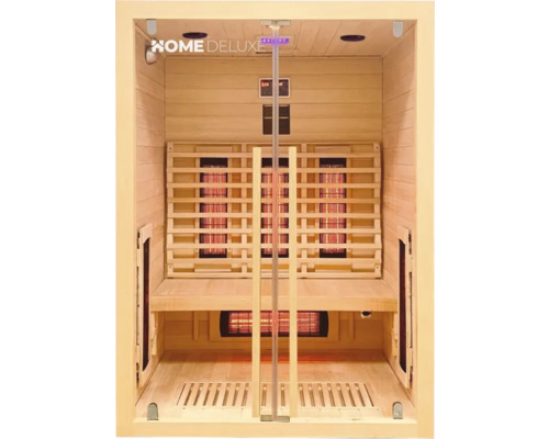 Innenansicht einer Infrarotsauna mit Holzbänken und Strahlern